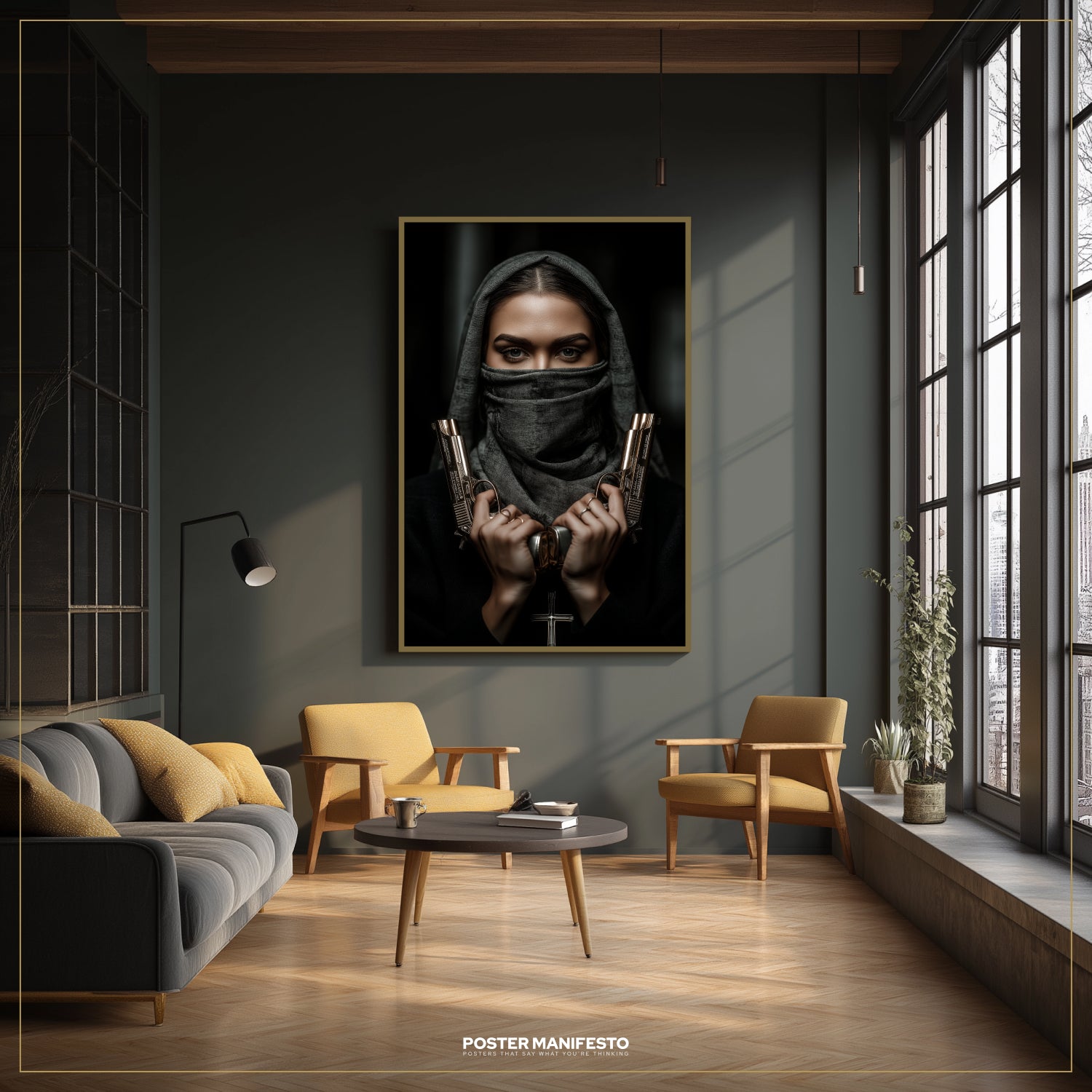 Living room with a dark wall featuring a framed poster of a woman holding a cross.
