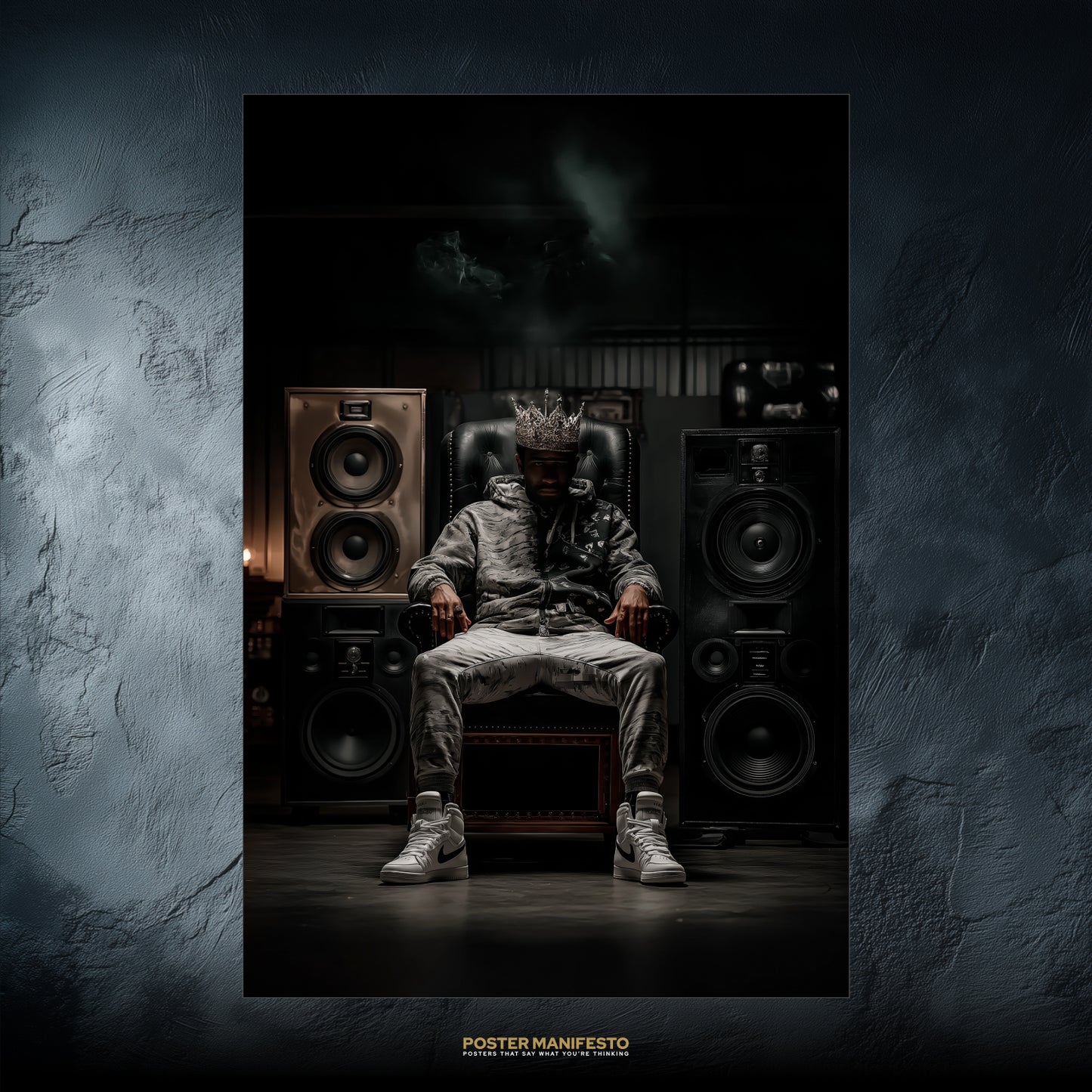 Poster of a man in streetwear sitting on a throne with a diamond crown and speakers.