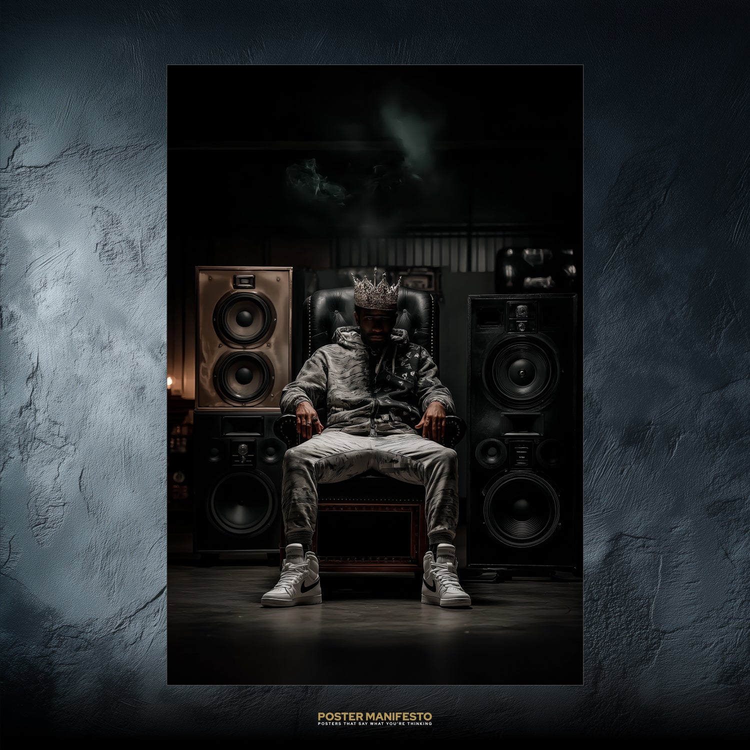 Poster of a man in streetwear sitting on a throne with a diamond crown and speakers.