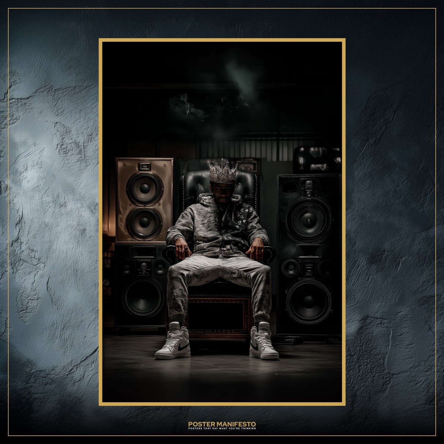 Cinematic poster of a man in sneakers and crown embodying hip hop royalty.