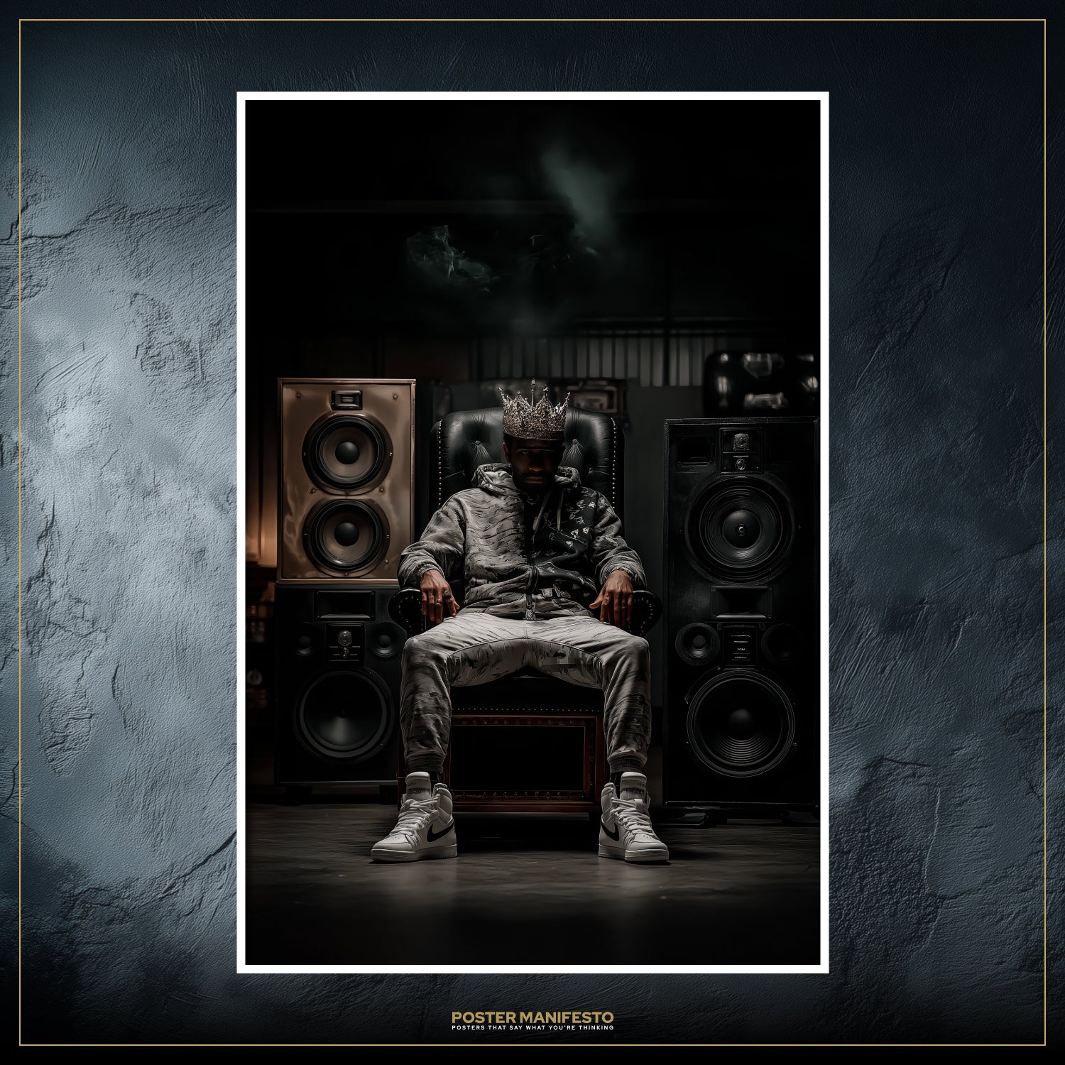 Powerful wall art featuring a throne, diamond crown, and street fashion.