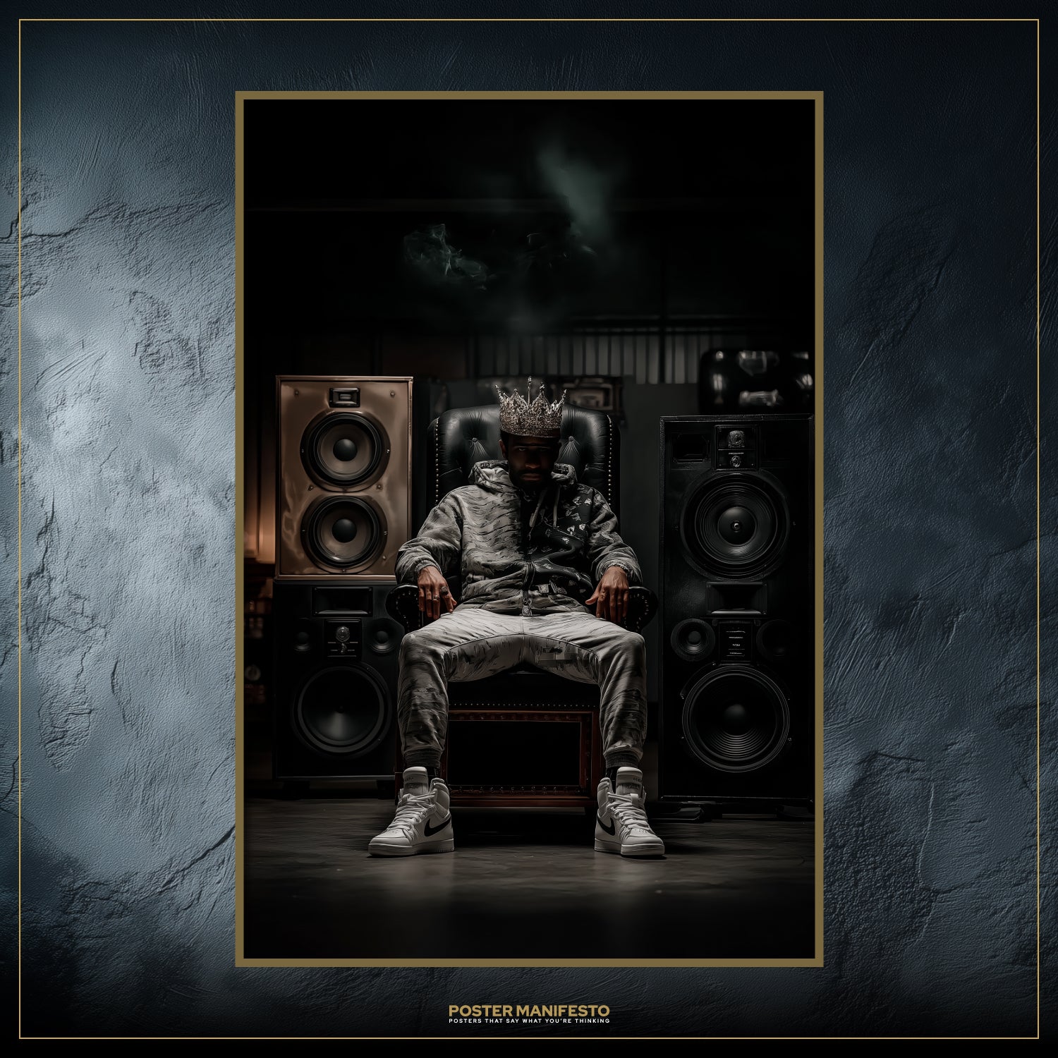 Urban décor poster symbolizing music, power, and luxury in streetwear culture.