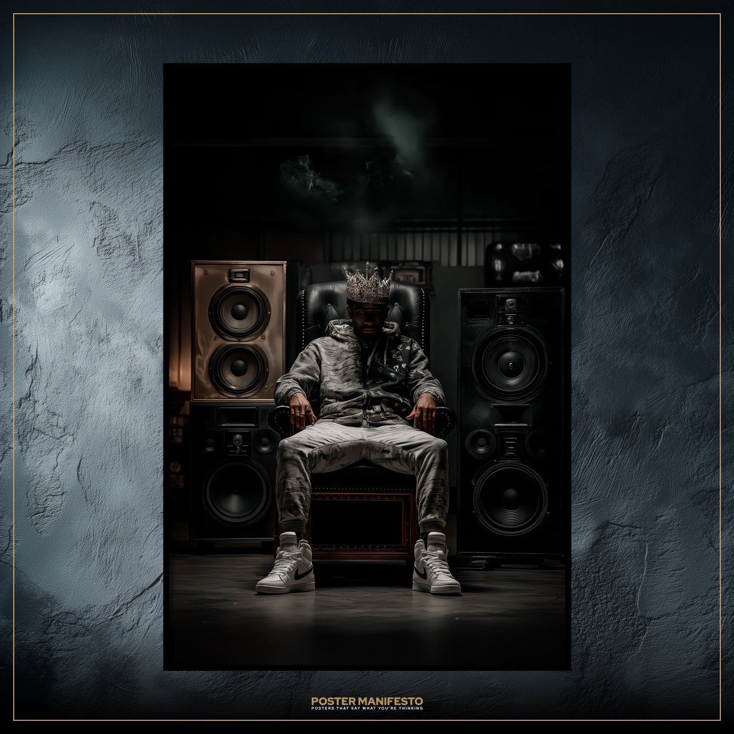 Person sitting on a throne with speakers on either side, in a dark room with textured walls.
