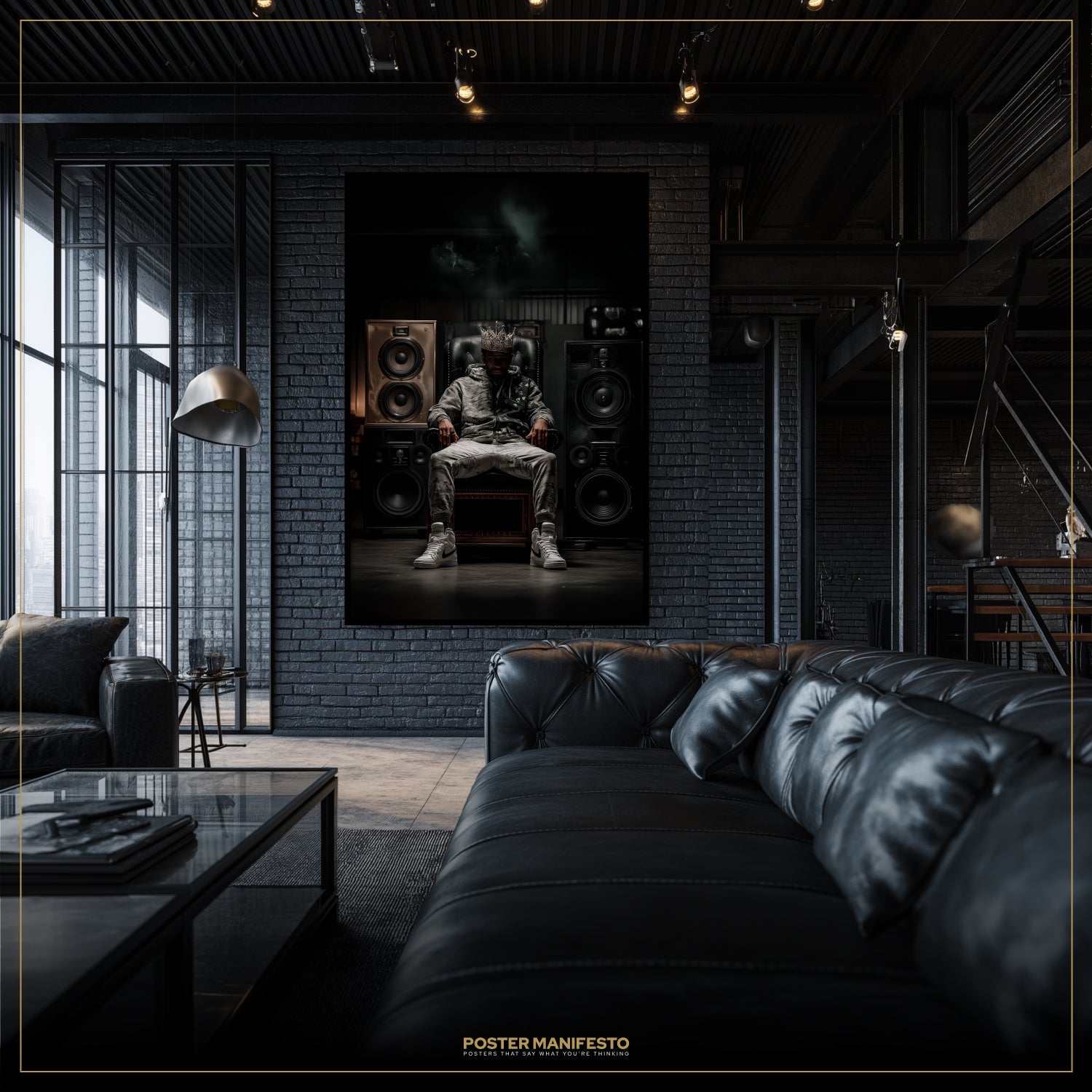 Modern living room with a black leather sofa and a framed picture of a person sitting on a chair.