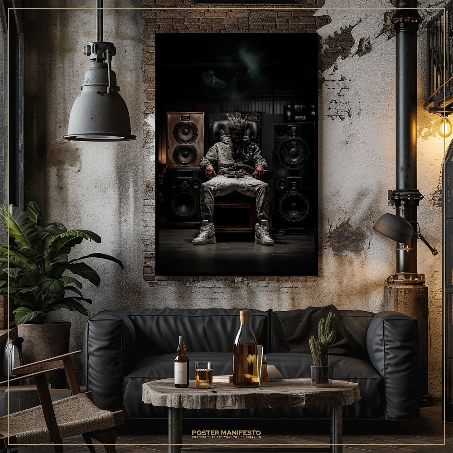 Modern living room with a black leather sofa, wooden coffee table, and wall art of a person sitting in front of speakers.