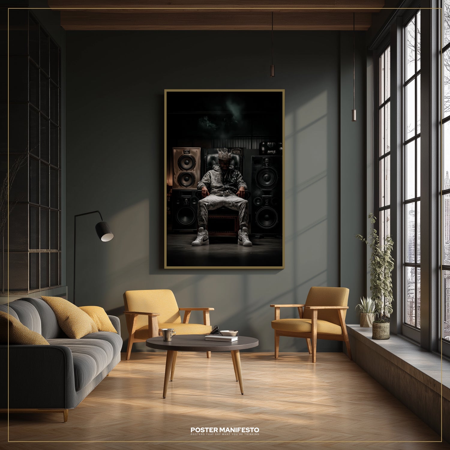 Modern living room with dark walls, gray sofa, yellow chairs, and a large framed poster.