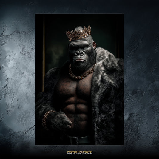 Poster of a gorilla wearing a crown and gold chains, representing hustle, ambition, and financial power.