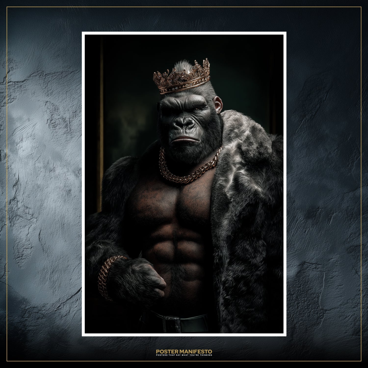 Gorilla portrait styled with gold and crown, blending primal strength with wealth and ambition.
