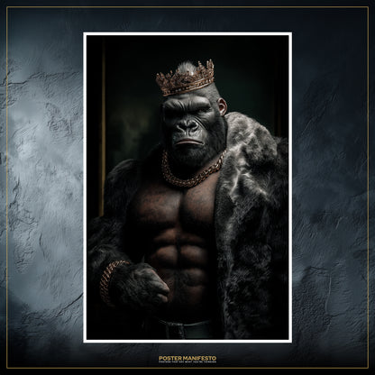 Gorilla portrait styled with gold and crown, blending primal strength with wealth and ambition.