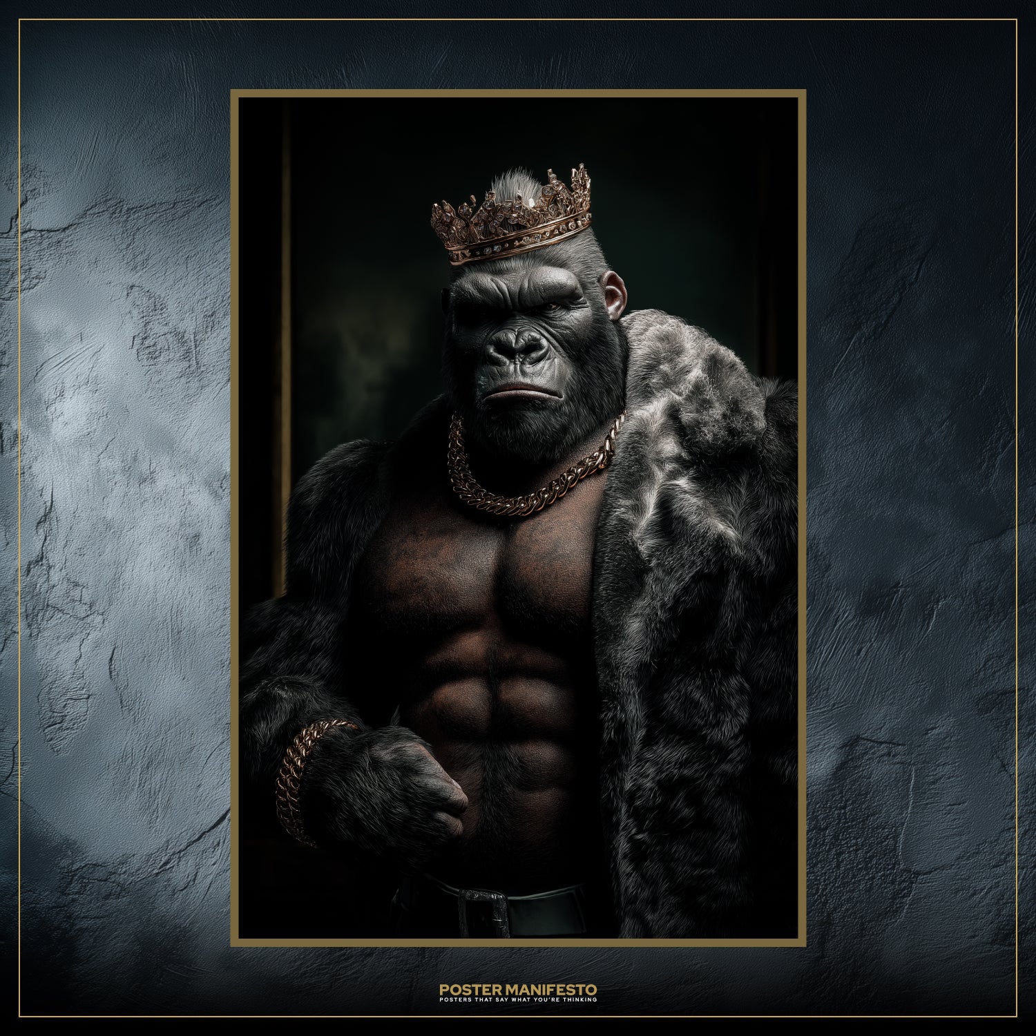 Motivational hustle wall art featuring a gorilla king symbolizing financial empire.