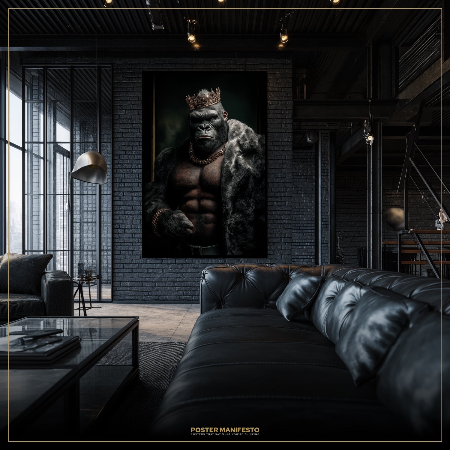 Gorilla-like figure in a dark room with a large poster of a muscular gorilla on the wall.