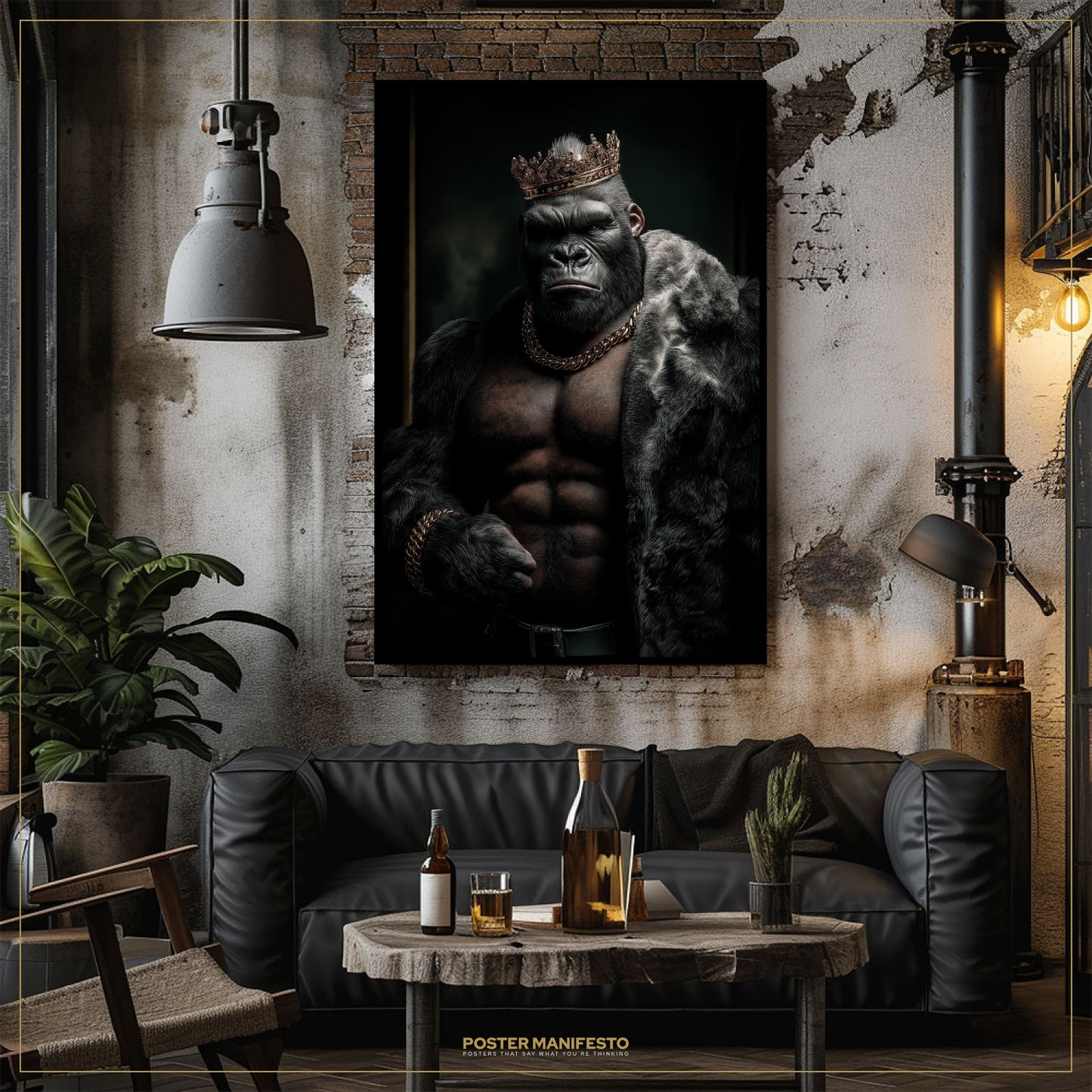 Gorilla king poster on a wall in a stylish living room with a couch and table.