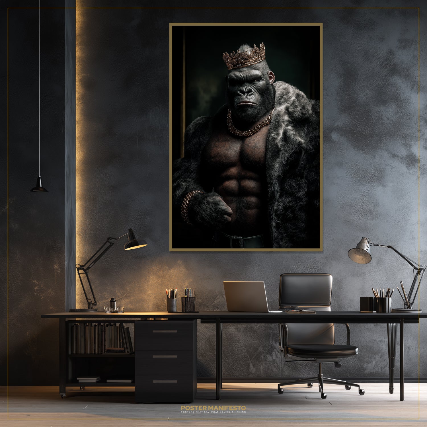 Gorilla with a crown poster in an office setting