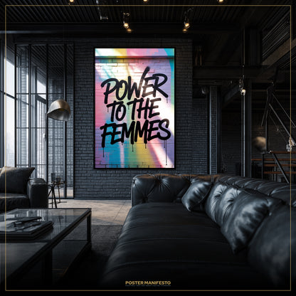 Living room with a black leather sofa and a colorful poster on the wall.