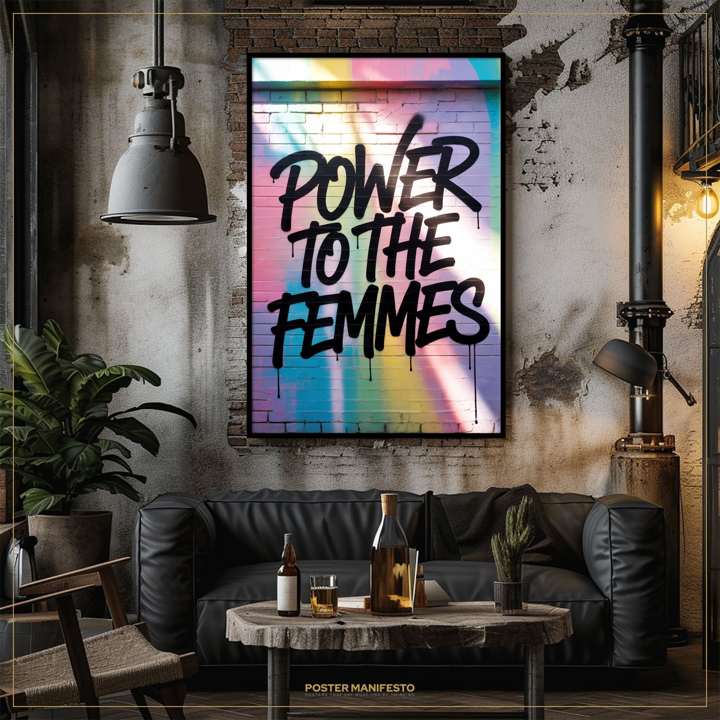 Living room with a 'Power to the Femmes' poster on the wall, a black sofa, and a small table with drinks.
