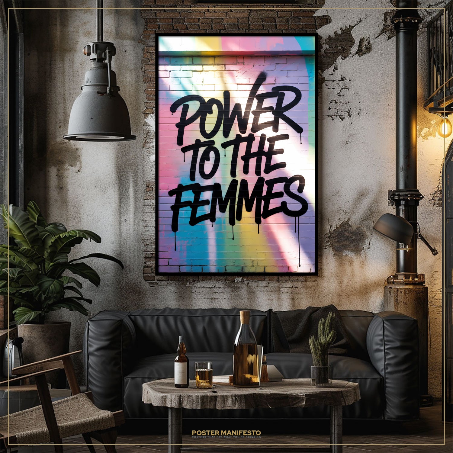 Living room with a 'Power to the Femmes' poster on the wall, a black sofa, and a small table with drinks.