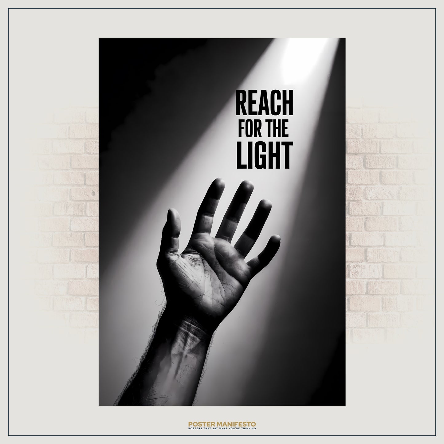 Minimalist monochrome motivational poster with upward-reaching hand