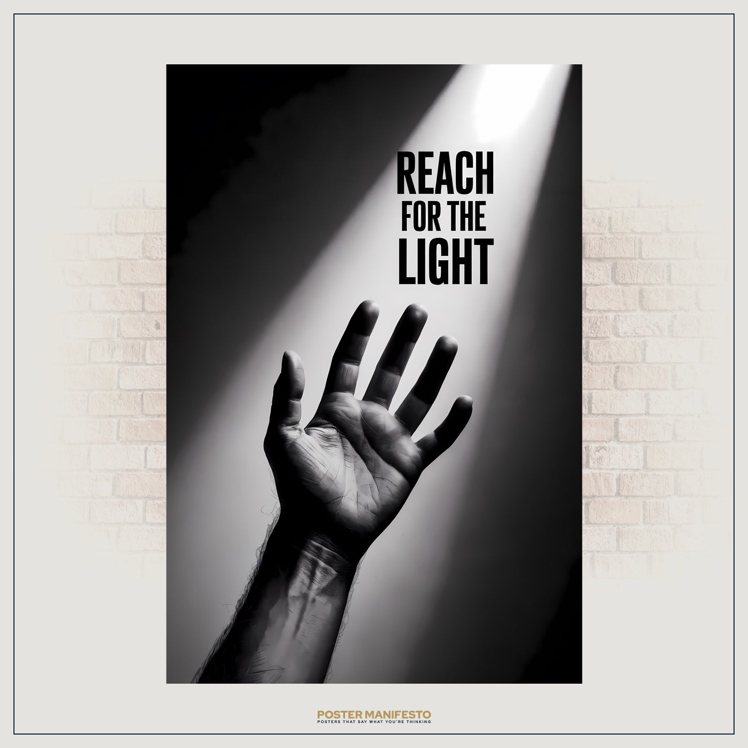 Minimalist monochrome motivational poster with upward-reaching hand