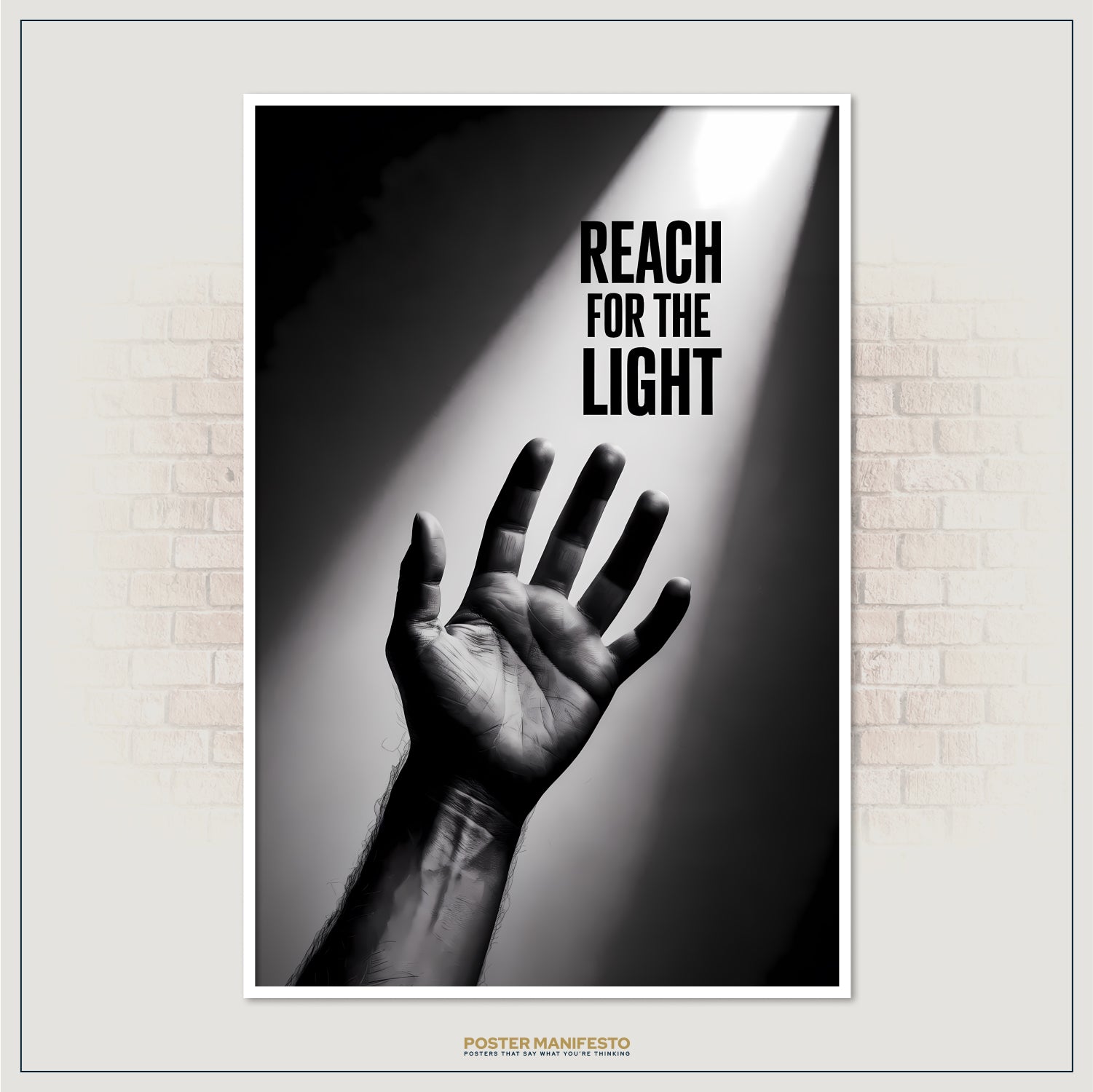 Inspirational wall art featuring a hand striving for light