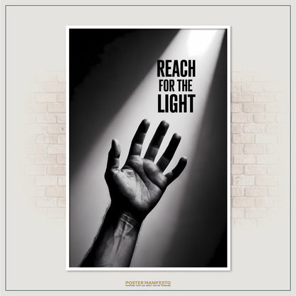 Inspirational wall art featuring a hand striving for light