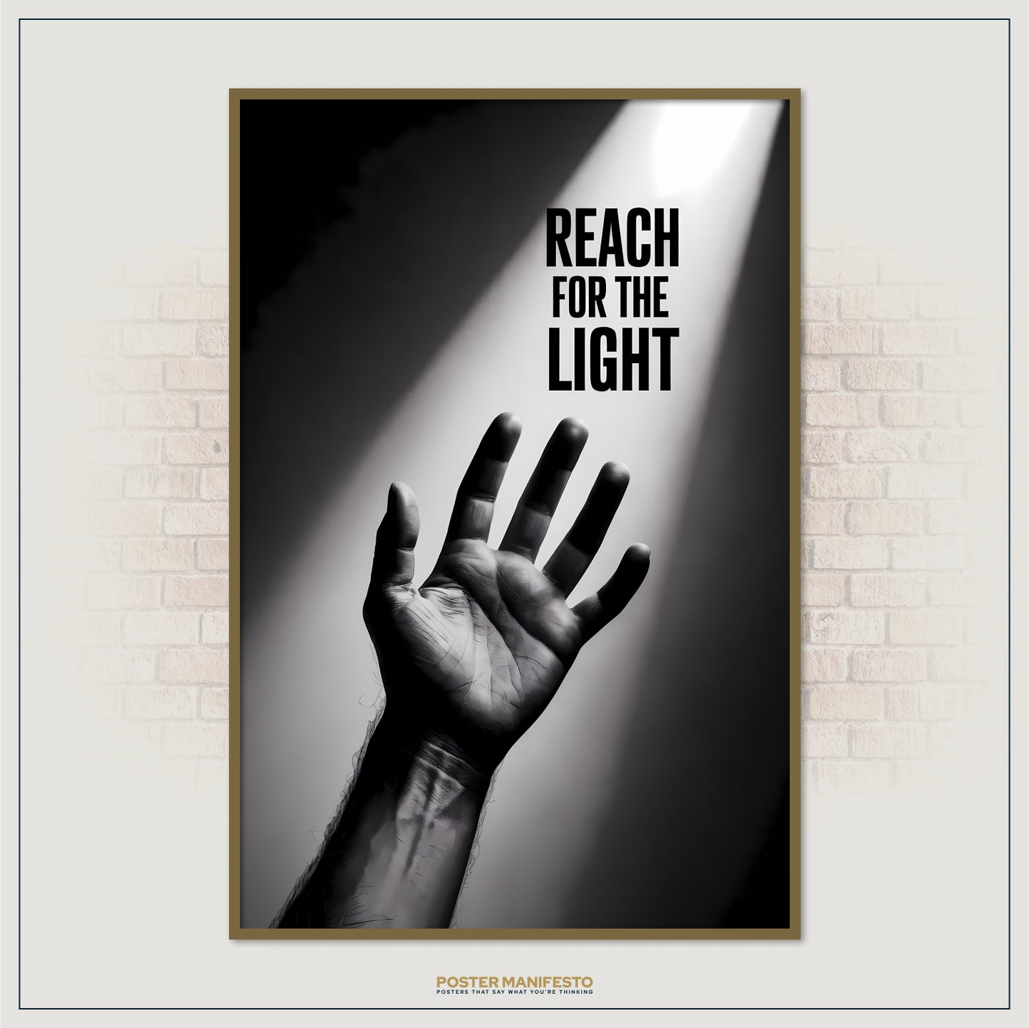 Poster with a hand reaching towards light on a brick wall background