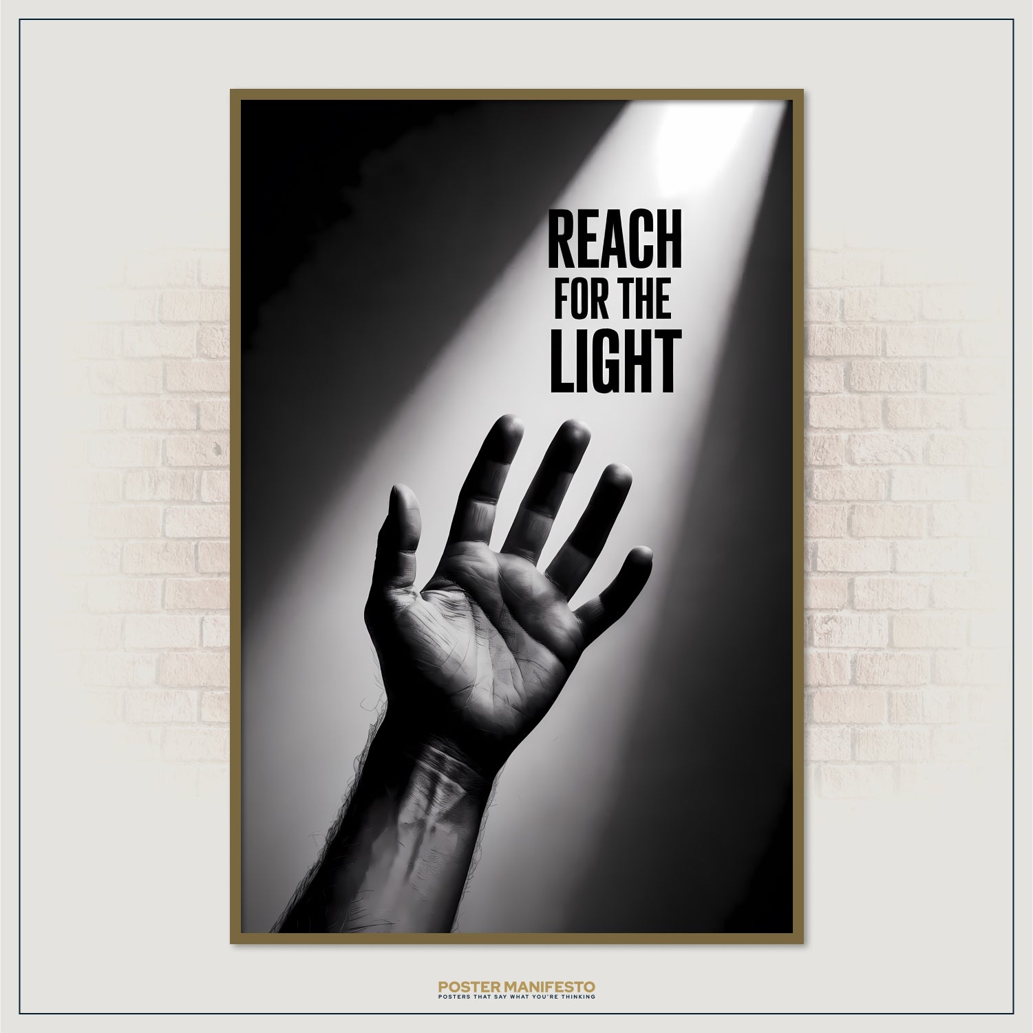 Poster with a hand reaching towards light on a brick wall background
