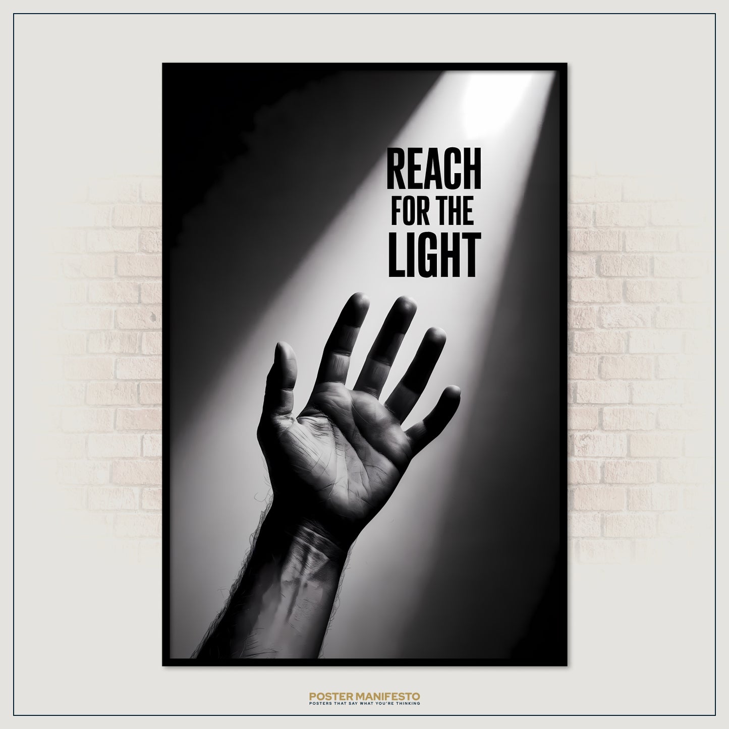 Poster with a hand reaching towards light on a brick wall background