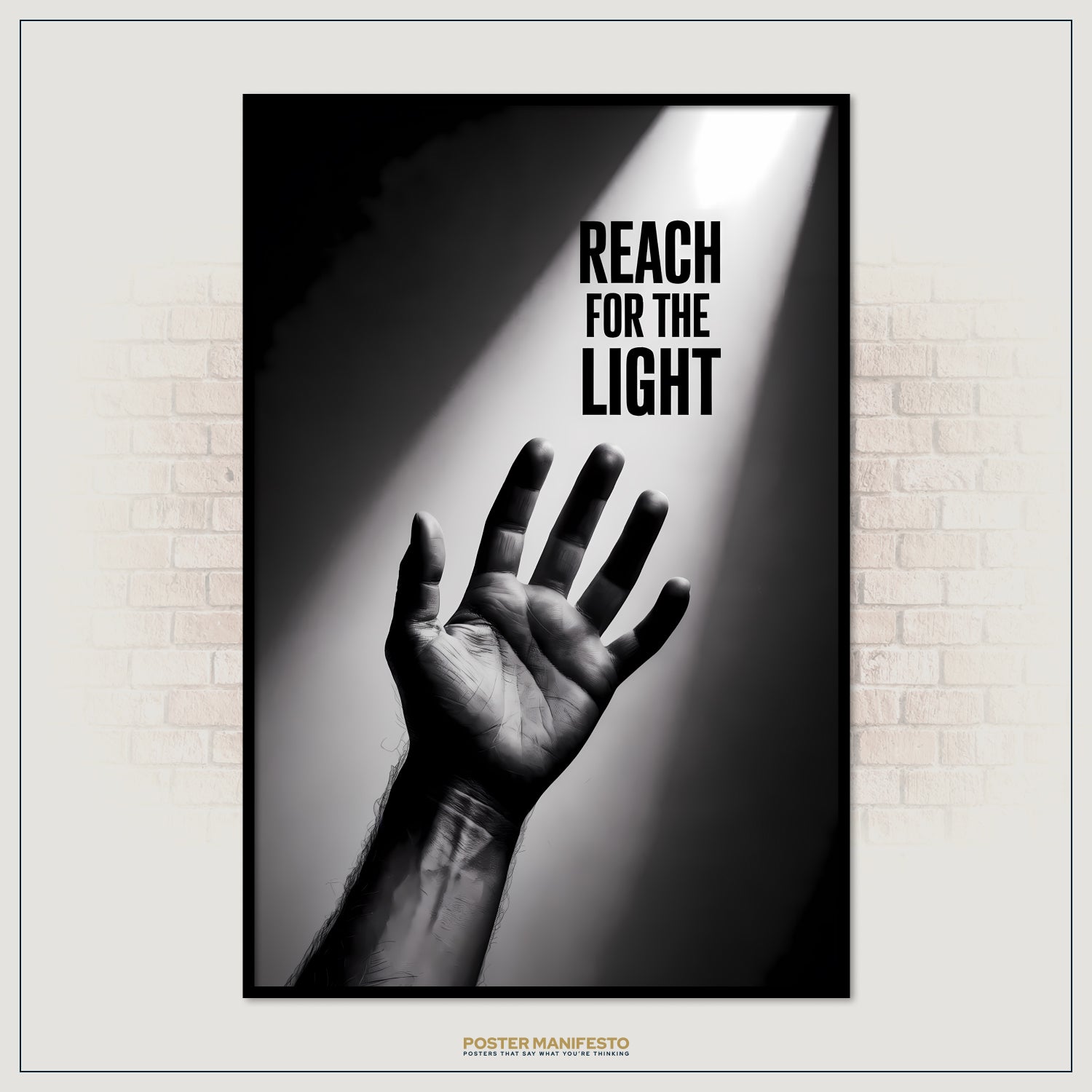 Poster with a hand reaching towards light on a brick wall background