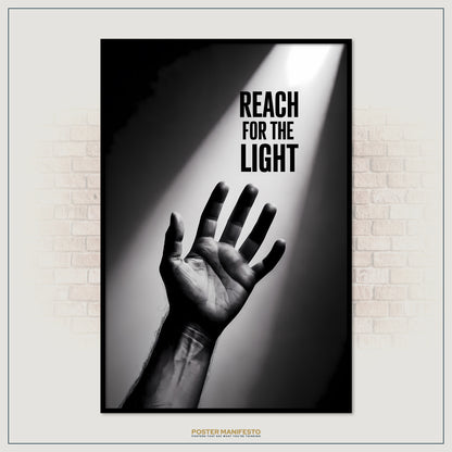 Poster with a hand reaching towards light on a brick wall background