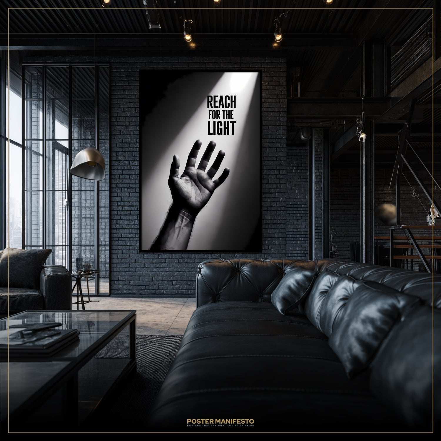 Modern living room with a black leather sofa and a motivational poster on the wall.