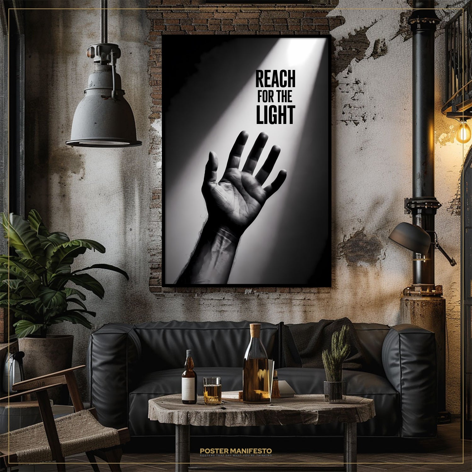 Living room with a 'Reach for the Light' poster on the wall, a black sofa, and a wooden table with bottles and glasses.