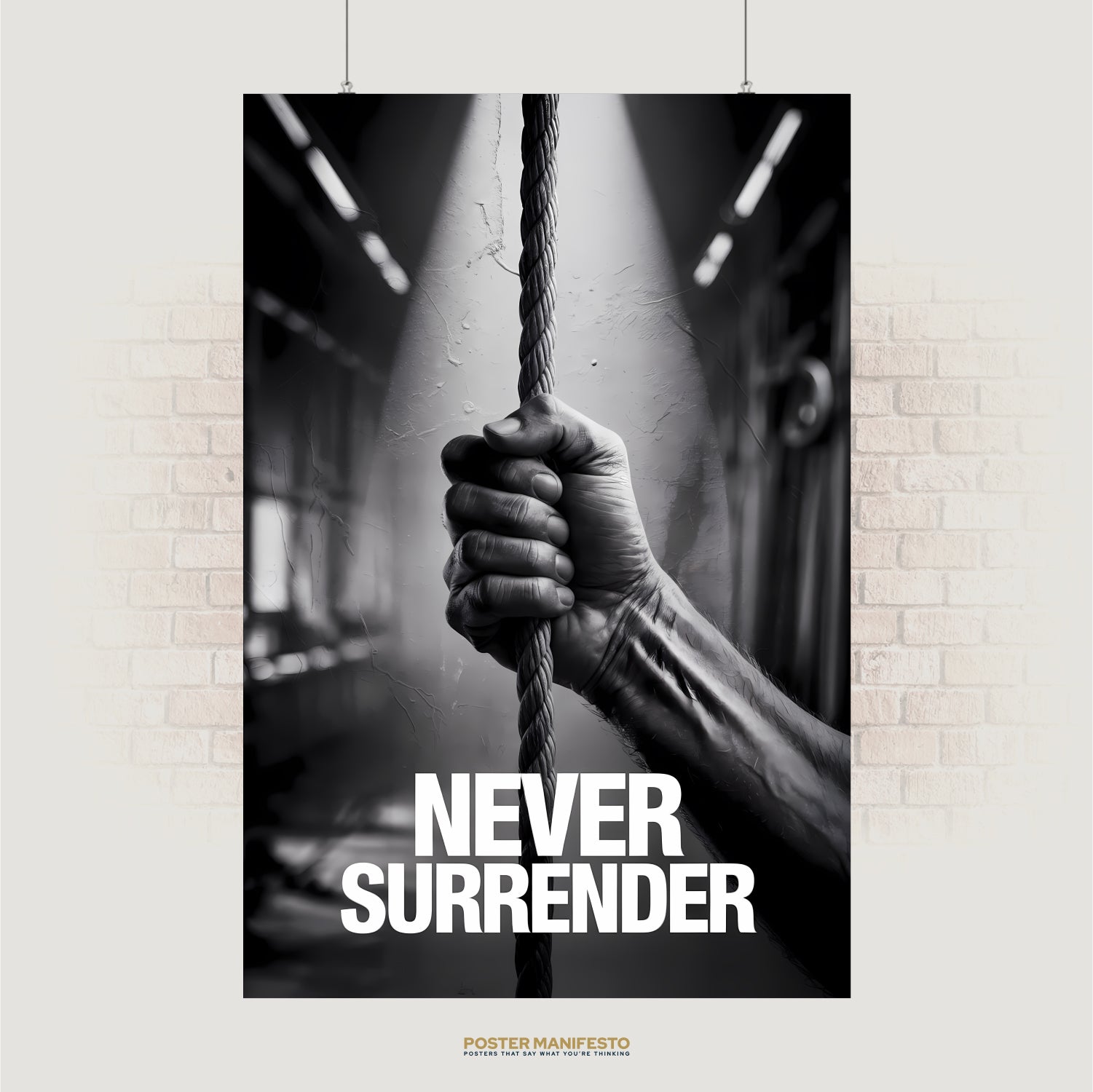 Black and white photo of a hand gripping a rope with the words “Never Surrender”
