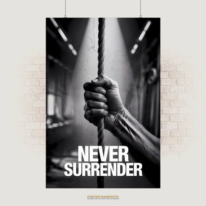 Black and white photo of a hand gripping a rope with the words “Never Surrender”
