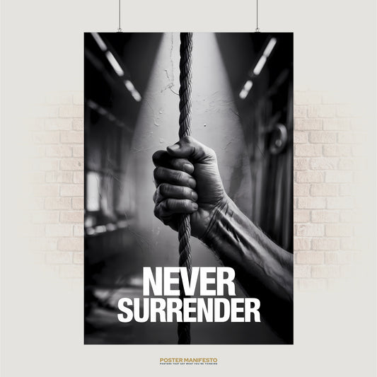 Black and white photo of a hand gripping a rope with the words “Never Surrender”