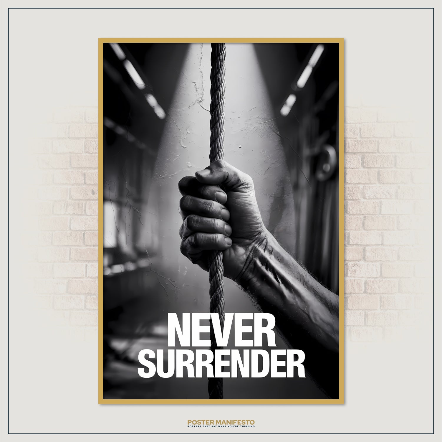 Industrial-style black and white art with a hand holding a rope tightly