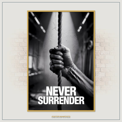 Industrial-style black and white art with a hand holding a rope tightly