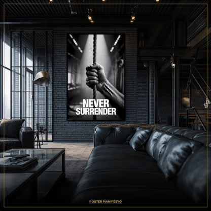 Modern interior with a 'Never Surrender' poster on a brick wall.