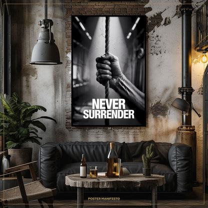 Living room with a 'Never Surrender' poster on the wall, a black sofa, and a table with drinks.