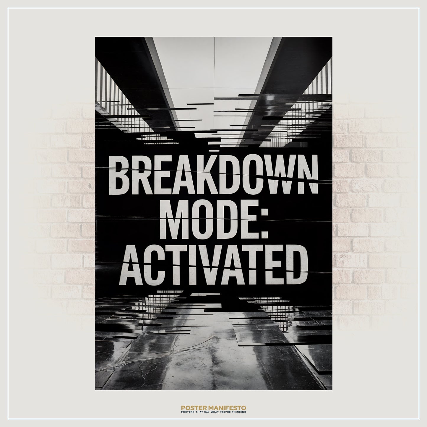 Modern cyberpunk-style poster with distorted text and architectural lines