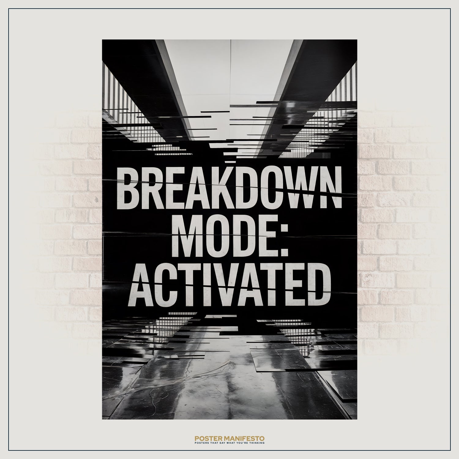 Modern cyberpunk-style poster with distorted text and architectural lines
