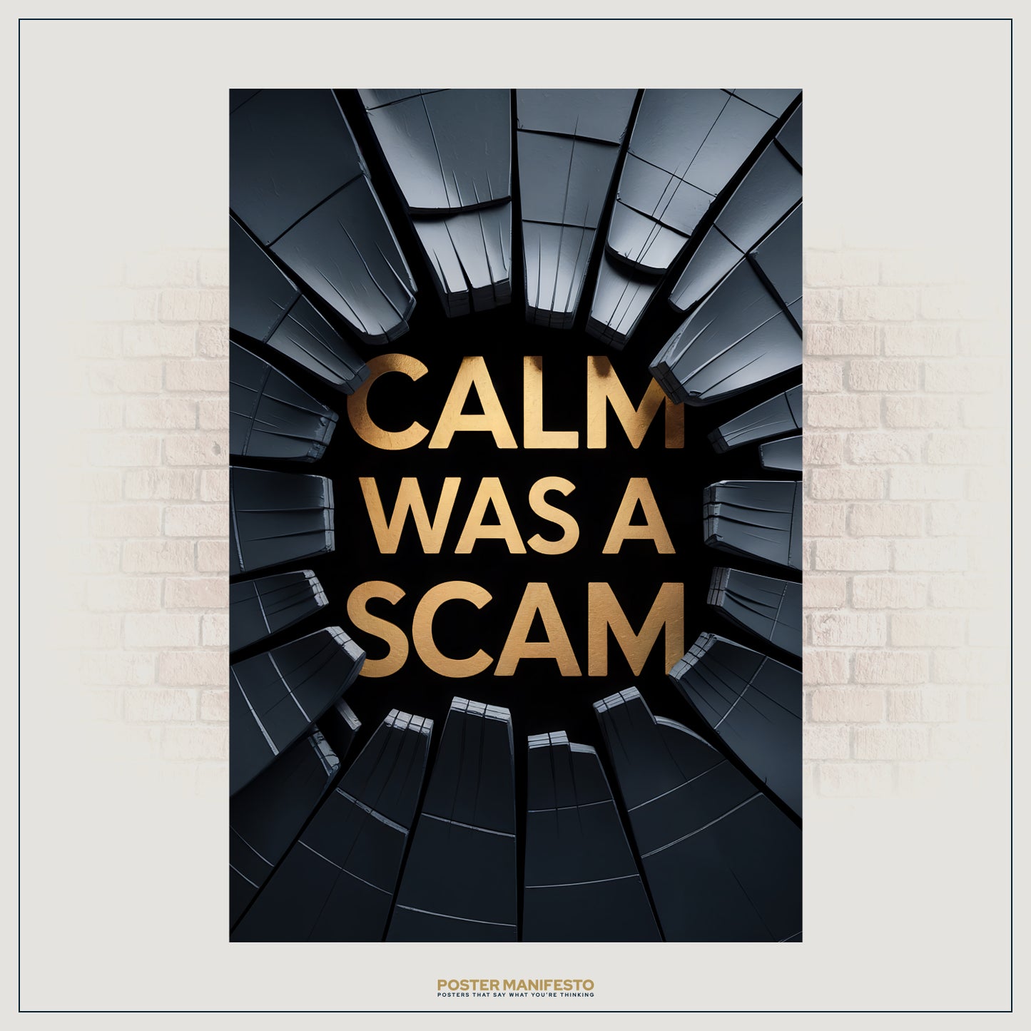 Modern 3D typography art with dark fractured edges and gold letters