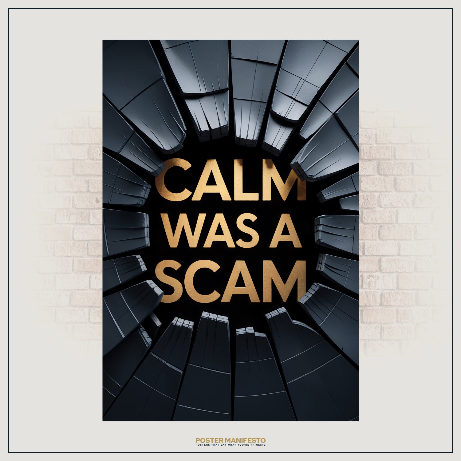 Modern 3D typography art with dark fractured edges and gold letters
