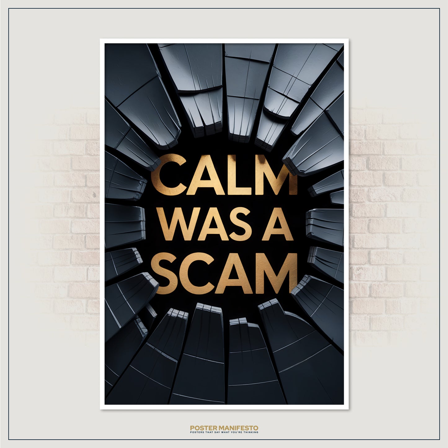 Dramatic industrial wall art with gold typography in a cracked structure
