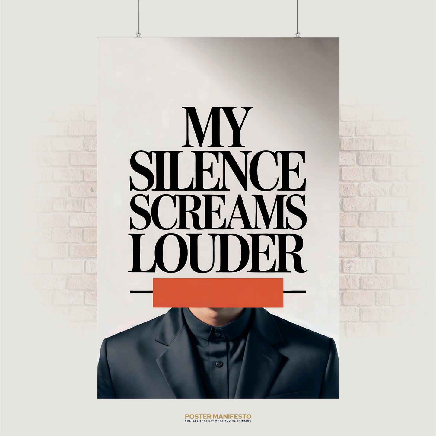 Bold black serif text reading “My Silence Screams Louder” over minimalist portrait with red bar
