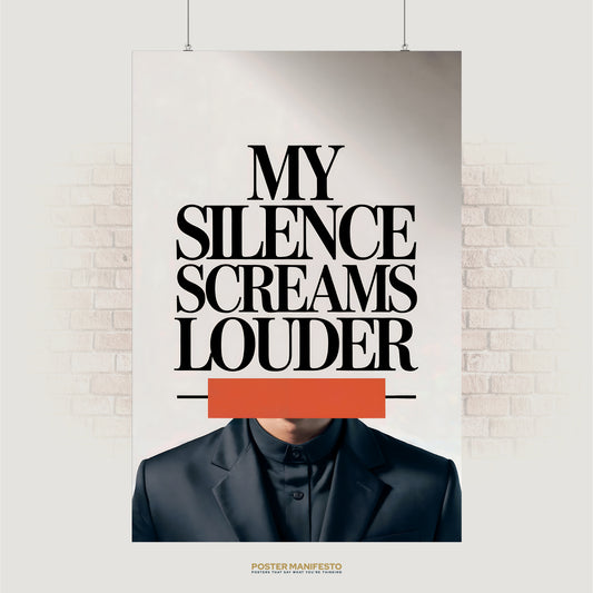 Bold black serif text reading “My Silence Screams Louder” over minimalist portrait with red bar