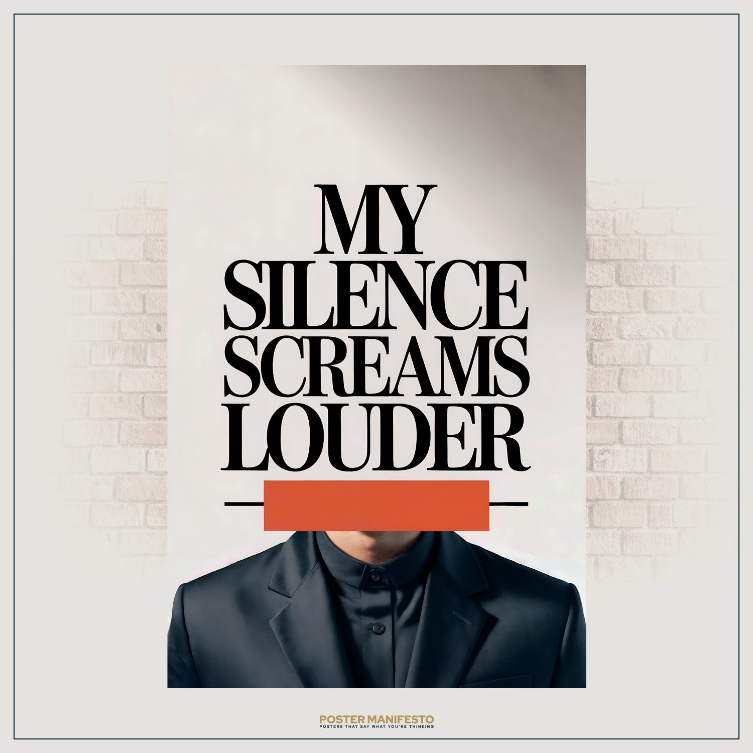 Conceptual typography poster featuring faceless figure in black suit with red accent