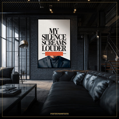Modern living room with a black leather sofa and a framed poster on the wall.