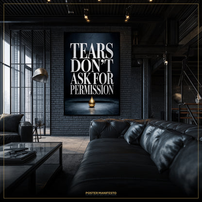 Modern living room with a dark brick wall and a motivational poster.