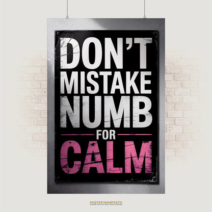 Bold block text reading “Don’t Mistake Numb for Calm” with distressed texture on black background