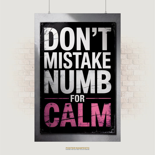 Bold block text reading “Don’t Mistake Numb for Calm” with distressed texture on black background